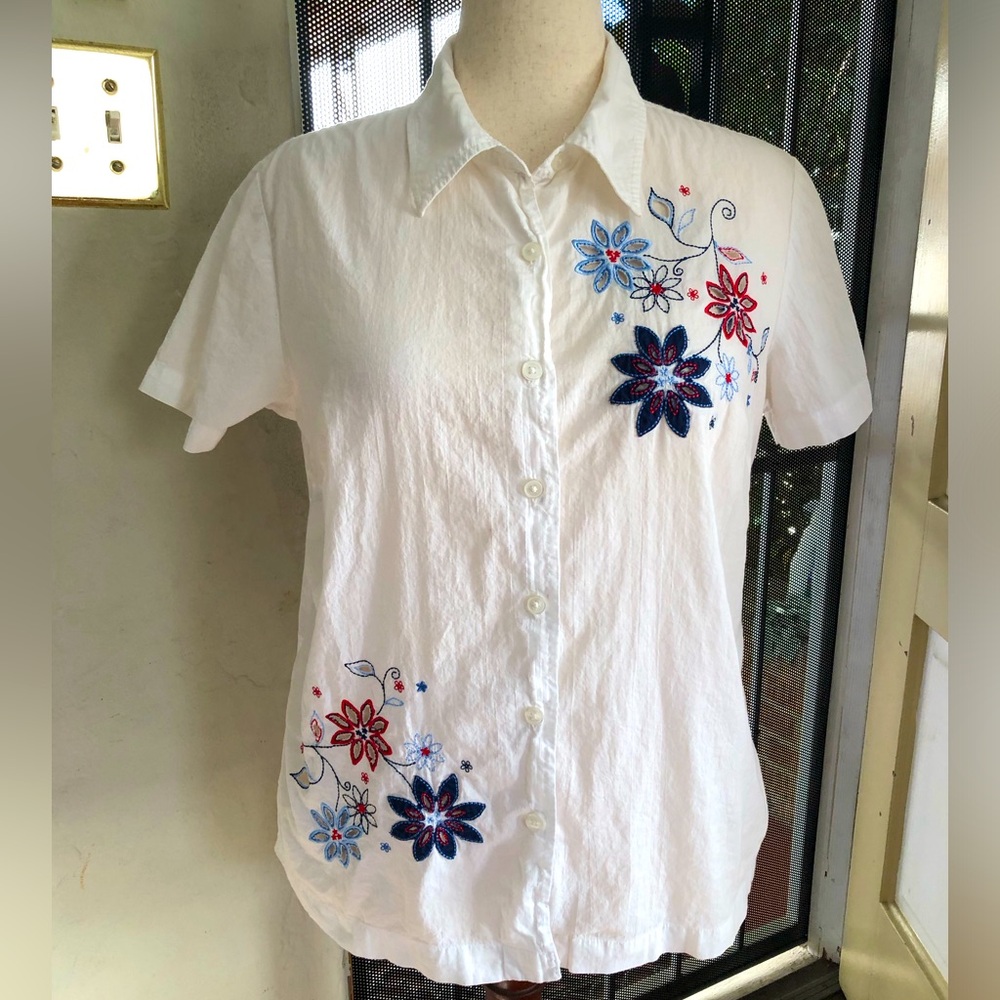 Embroidered Floral White Button Down Shirt
